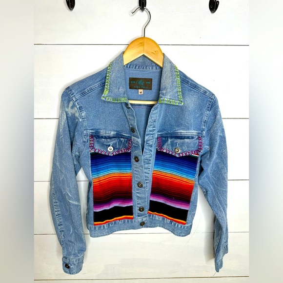 Boot Rugs Women’s M Denim Jacket – Southwestern Serape Colorblock Hand-Stitched - Picture 1 of 7